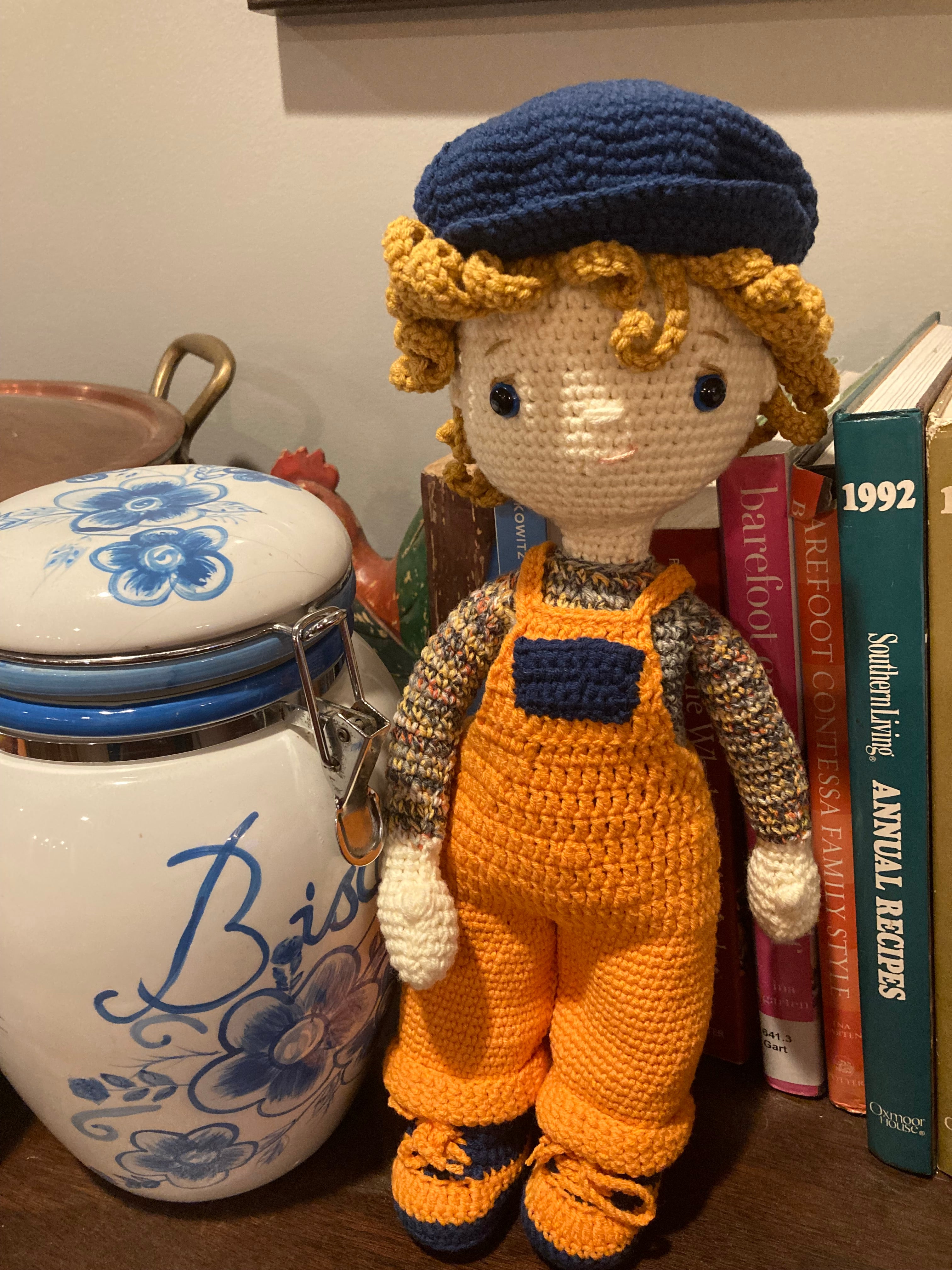 Miss Mim’s Custom Traditional Boy Doll with Overalls, Cap, & Shoes